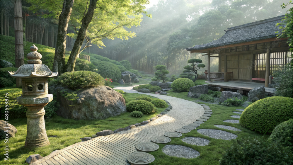 Obraz premium Tranquil Japanese Garden Path with Lush Greenery and Natural Rock Features