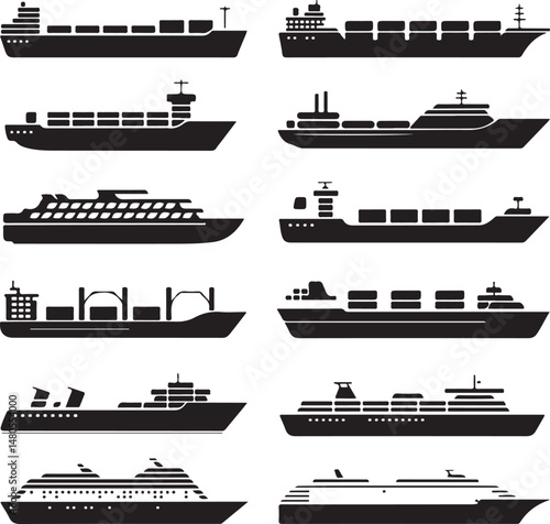 Silhouette of Shipping Vessels: This captivating image showcases an assortment of cargo ships. The stark silhouettes emphasize the sleekness of each vessel