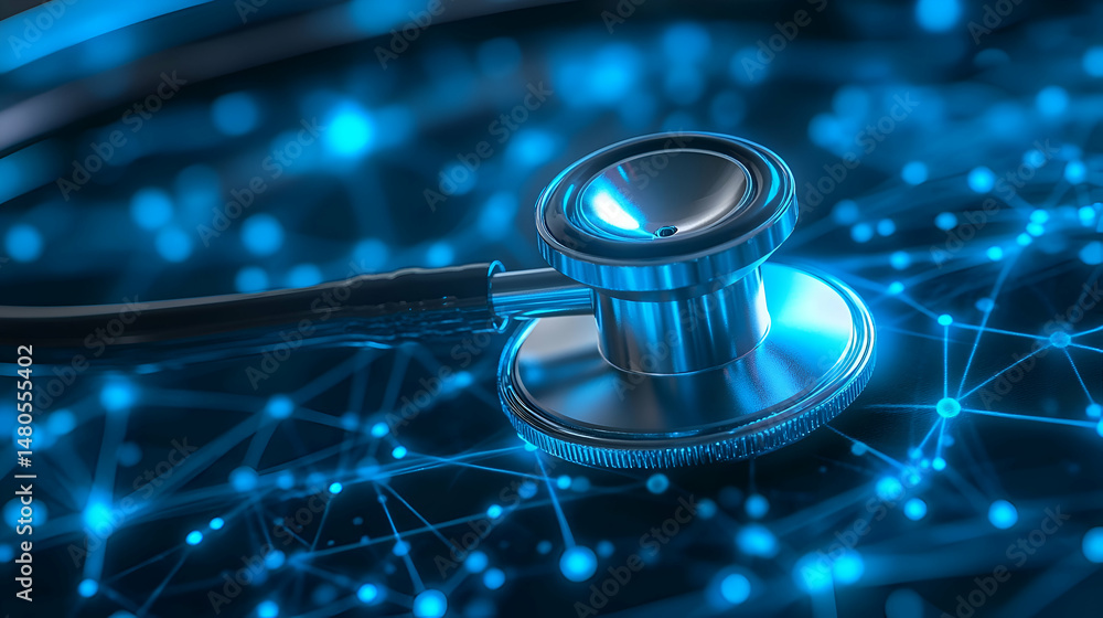 Close-up view of a stethoscope with digital network overlay. Close-up view of a stethoscope with digital network overlay.