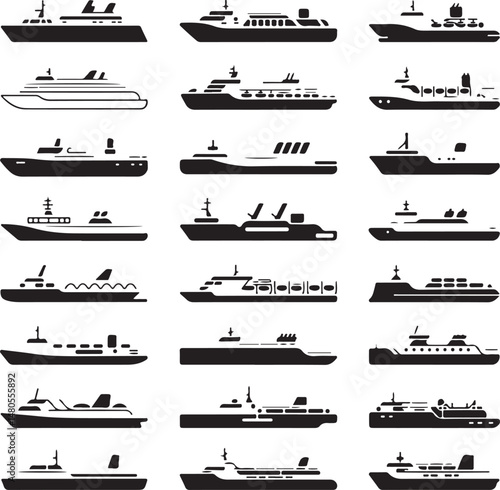 Silhouette of Shipping Vessels: This captivating image showcases an assortment of cargo ships. The stark silhouettes emphasize the sleekness of each vessel