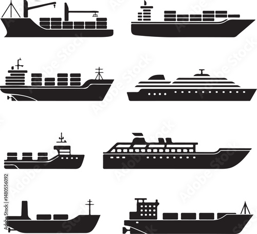 Silhouette of Shipping Vessels: This captivating image showcases an assortment of cargo ships. The stark silhouettes emphasize the sleekness of each vessel