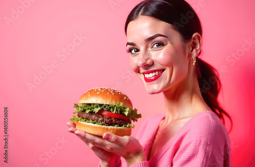 Young girl in the studio holding a burger in her hands