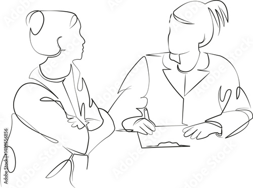 One continuous single drawing line art flat doodle woman, sitting, doctor, hospital, female, adult, care, medicine. Isolated image hand draw contour on a white background, hand drawn, not AI