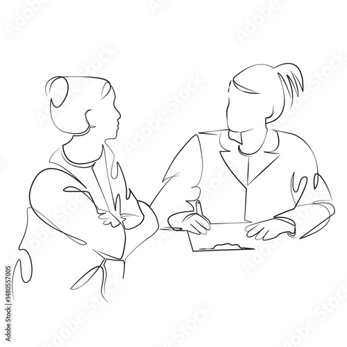 One continuous single drawing line art flat doodle woman, sitting, doctor, hospital, female, adult, care, medicine. Isolated image hand draw contour on a white background, hand drawn, not AI