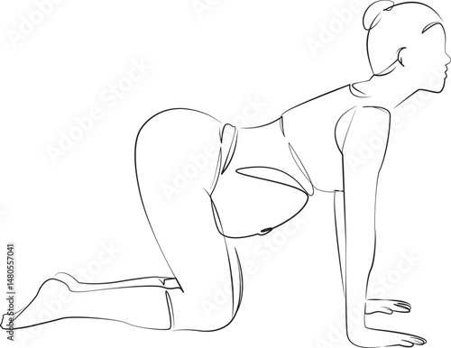 One continuous single drawing line art flat doodle yoga, mother, pregnant, lifestyle, pilates, abdomen. Isolated image hand draw contour on a white background, hand drawn, not AI