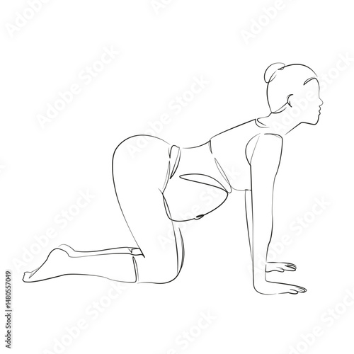One continuous single drawing line art flat doodle yoga, mother, pregnant, lifestyle, pilates, abdomen. Isolated image hand draw contour on a white background, hand drawn, not AI