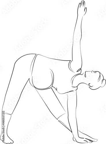 One continuous single drawing line art flat doodle yoga, pregnant, mother, woman, lifestyle, sport, stretching. Isolated image hand draw contour on a white background, hand drawn, not AI
