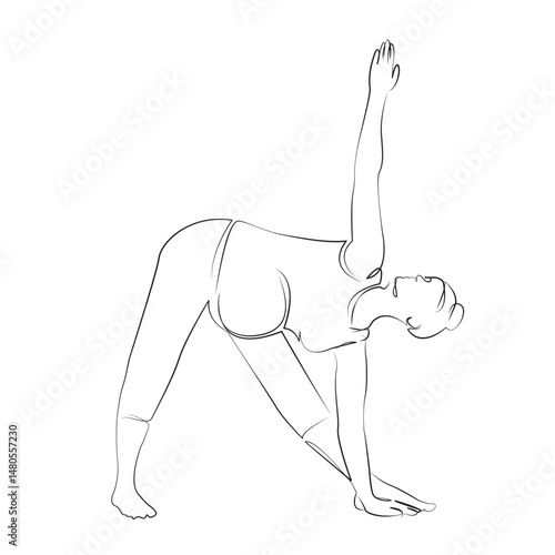 One continuous single drawing line art flat doodle yoga, pregnant, mother, woman, lifestyle, sport, stretching. Isolated image hand draw contour on a white background, hand drawn, not AI