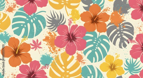 Wallpaper Mural Vibrant Tropical Hibiscus and Monstera Leaf Pattern Seamless Floral Design for Fabric, Wallpaper, and More Torontodigital.ca