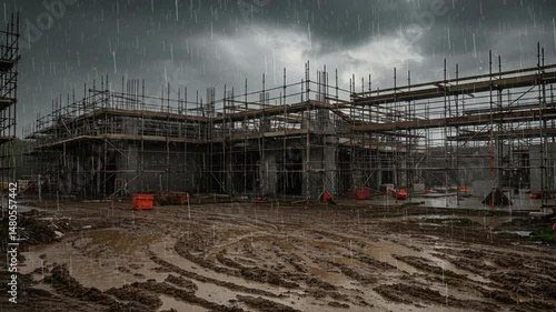 Construction site under heavy rain with dark overcast sky  