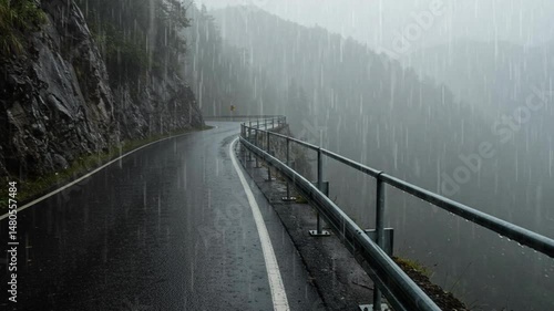 Rainy road winding through mountains with heavy downpour  