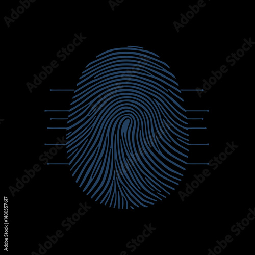 Intriguing Fingerprint on Black Background: A detailed close-up of a single fingerprint, rendered in an elegant blue hue against a stark black backdrop, inviting exploration and intrigue. 