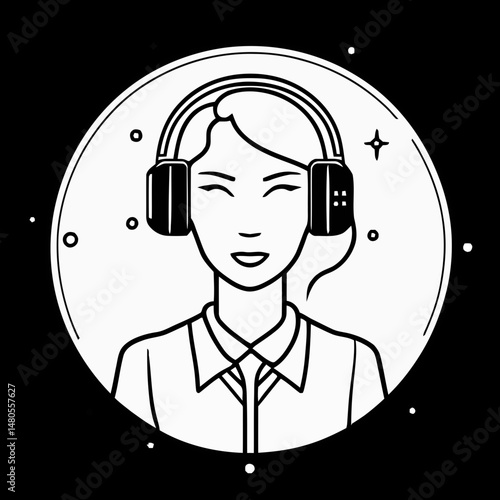 Serene Soundscape: A person, immersed in their favorite auditory experience, find calm and enjoyment through wearing headphones.  A line art style conveys tranquility, the person smiling.