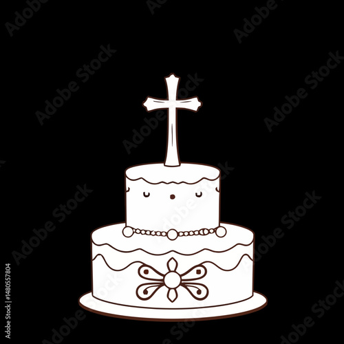 Divine Communion Cake: A two-tiered cake, crowned with a cross, symbolizing faith and the sacred communion, adorned with intricate details. A pure, clean, elegant image.