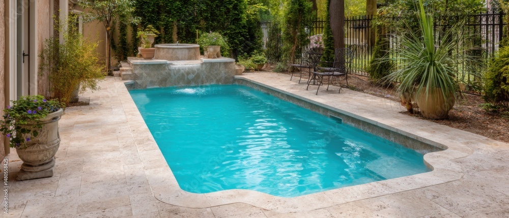 Fototapeta premium Serene Swimming Pool Oasis with Waterfall Feature and Lush Landscaping in Private Backyard Setting