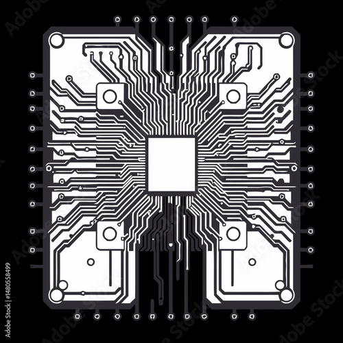 Cybernetic Core: A sophisticated computer chip radiates with intricate electronic pathways, a symbol of cutting-edge technology and digital innovation, designed to evoke a sense of innovation
