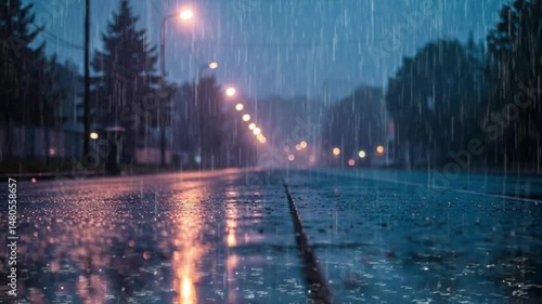 Wallpaper Mural Wet street during heavy rain at night with streetlights glowing   Torontodigital.ca