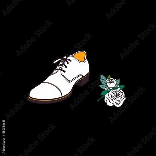 Elegant Footwear with Floral Touch: A striking composition featuring a pristine white shoe and a delicate floral accent, rendered in clean lines and subtle shadows