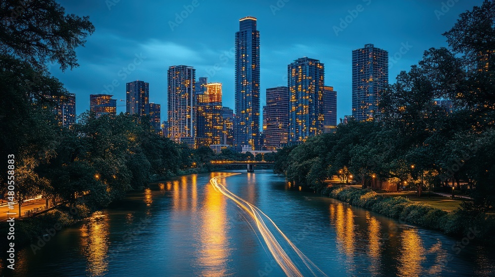 Naklejka premium City skyline at twilight reflecting on calm river