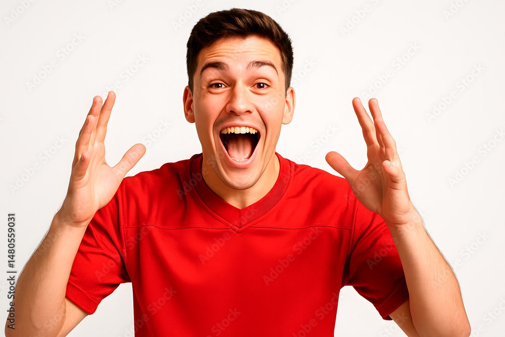Young man cheering with hands raised in excitement Young man cheering with hands raised in excitement