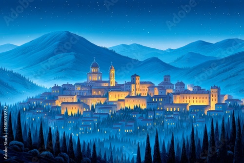 Wallpaper Mural Nightfall Over Mountain Village - Serene night scene of a village nestled in mountains, illuminated by warm lights, under a starry sky. Peaceful and tranquil atmosphere Torontodigital.ca