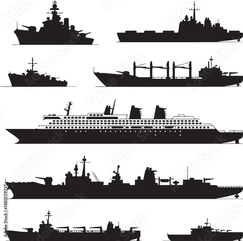 Silhouette of Shipping Vessels: This captivating image showcases an assortment of cargo ships. The stark silhouettes emphasize the sleekness of each vessel