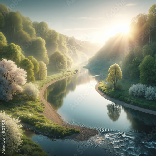 A serene river in a tranquil style with soft pastel colors, representing natural beauty against a lush forested background.