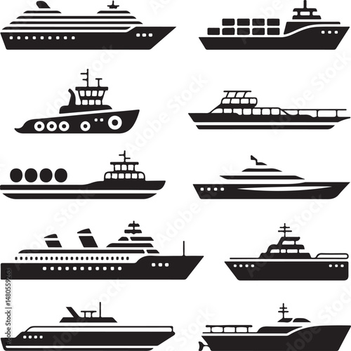 Silhouette of Shipping Vessels: This captivating image showcases an assortment of cargo ships. The stark silhouettes emphasize the sleekness of each vessel