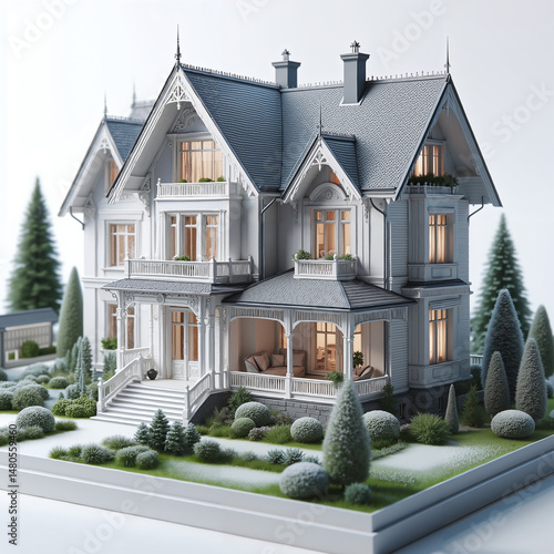Layout of a modern mansion in a calm style with neutral colors, representing luxurious living with a picturesque nature as a backdrop