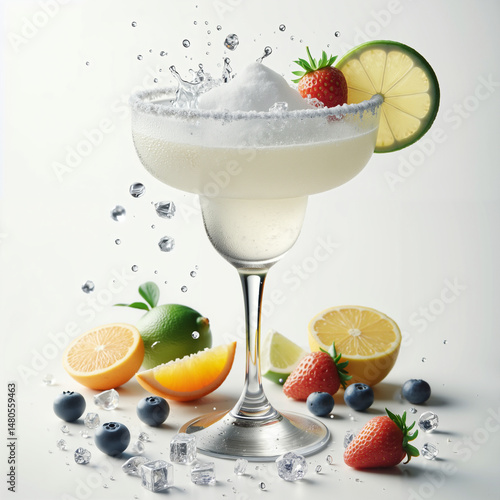 A refreshing margarita with vibrant fruits in a cheerful mood, garnished and surrounded by citrus and berries against a clean white background.