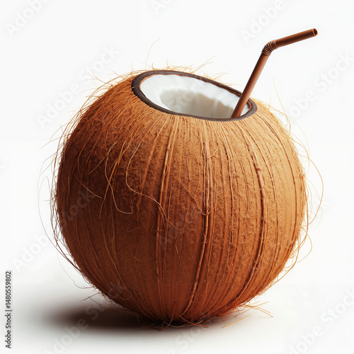 Coconut with Straw in Minimalist Style in Earthy Tones Representing Refreshment and Tropical Vibes