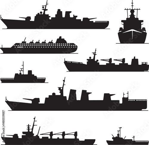 Silhouette of Shipping Vessels: This captivating image showcases an assortment of cargo ships. The stark silhouettes emphasize the sleekness of each vessel