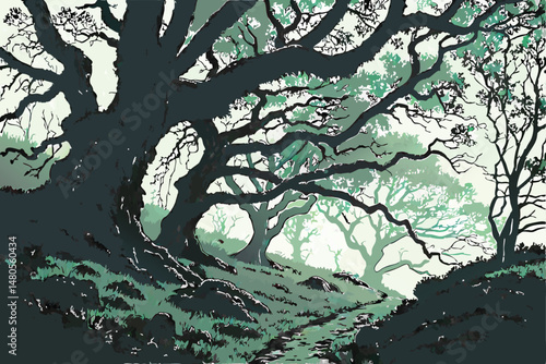 50 twisted gnarled tree branches, thick foliage, vines, mossy textures, dark tones, dramatic lighting, fantasy, digital art