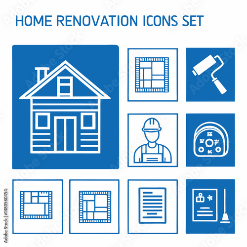 Home renovation icons set featuring house plans construction tools and blue backgrounds