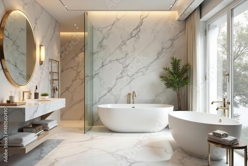Luxurious marble bathroom with freestanding tub and shower , shower, contemporary