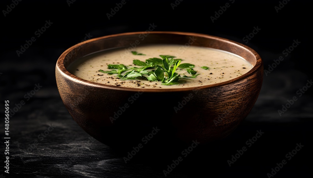 Creamy soup in a wooden bowl, garnished with herbs. Creamy soup in a wooden bowl, garnished with herbs.