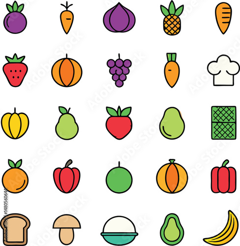 Line art color vector food icon set