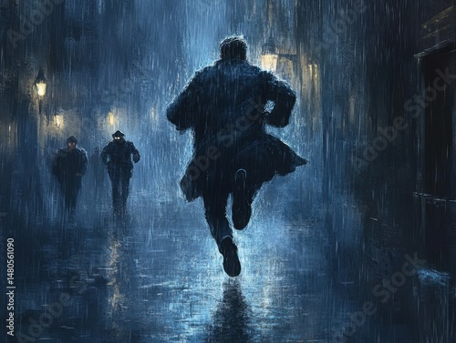 Man running from pursuers in rainy city street back view dramatic lighting dark mood artistic style