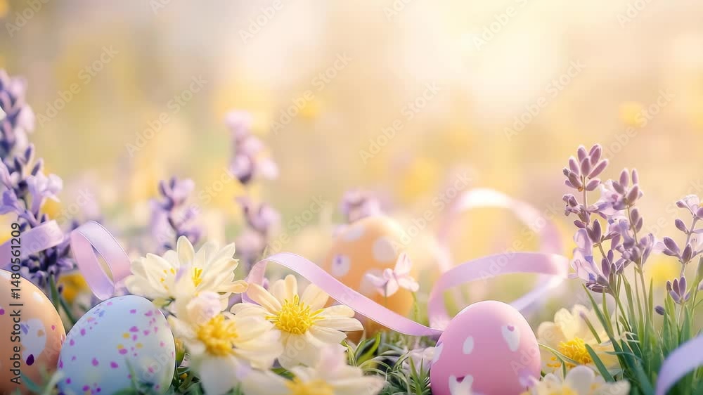 A field of flowers with a ribbon and a bunch of eggs. The ribbon is pink and the eggs are white and orange. The flowers are in full bloom and the ribbon is tied around the eggs A field of flowers with a ribbon and a bunch of eggs. The ribbon is pink and the eggs are white and orange. The flowers are in full bloom and the ribbon is tied around the eggs
