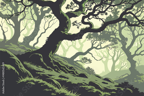 50 twisted gnarled tree branches, thick foliage, vines, mossy textures, dark tones, dramatic lighting, fantasy, digital art
