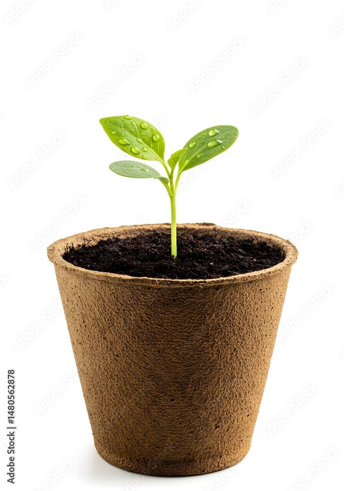 A close-up shot of a small plant with water drops, growing in a rustic pot against white. A close-up shot of a small plant with water drops, growing in a rustic pot against white.