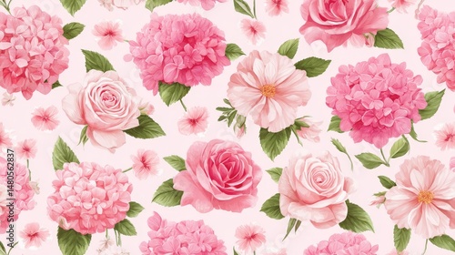 Fototapeta Naklejka Na Ścianę i Meble -  Pink Floral Pattern - Delicate watercolor pink roses and hydrangeas create a romantic pattern ideal for textile prints, wallpapers, and designs