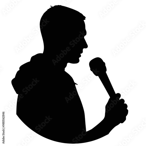 Silhouette of person holding microphone, concept of field recording and mobile podcasting in urban soundscapes