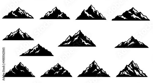 Mountain silhouette - vector icon. Rocky peaks. Mountains ranges. Black and white mountain icon
