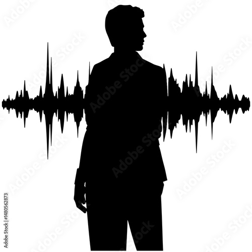 Silhouette of person with sound wave background, audio balance and precision concept