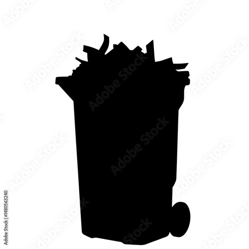 Silhouette of Overflowing Trash Bin on White Background, Environmental Impact and Recycling Awareness