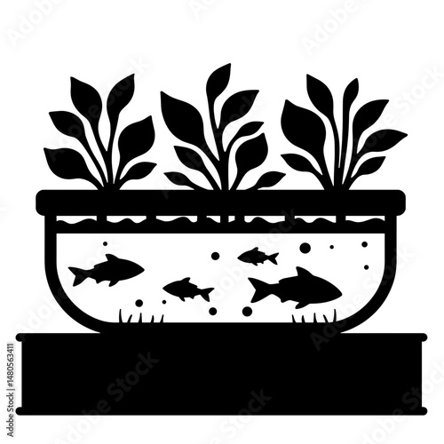 Silhouette of Aquaponic System with Fish Tank and Leafy Greens, Eco-Friendly Sustainable Farming, AgTech Innovation