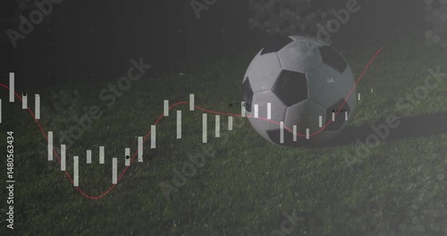 Soccer ball resting on grass, translucent chart bars rising and red line moving across scene