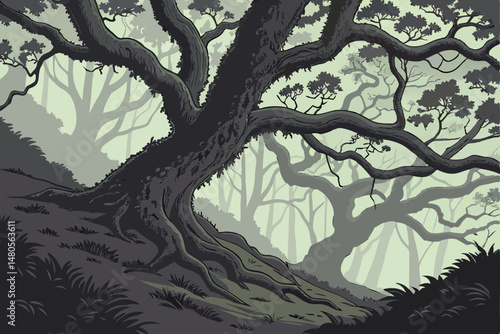 50 twisted gnarled tree branches, thick foliage, vines, mossy textures, dark tones, dramatic lighting, fantasy, digital art