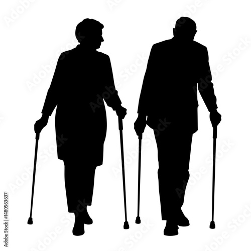 Elderly couple silhouette walking with smart canes, concept mobility, active aging, assistive devices